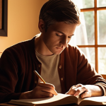**A person sitting in a comfortable chair, thoughtfully writing in a journal, with a soft, warm light illuminating the scene. Books on self-improvement and mindfulness are subtly visible in the background. The overall atmosphere is calm and introspective.**