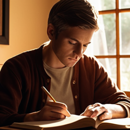 Home 15 **A person sitting in a comfortable chair, thoughtfully writing in a journal, with a soft, warm light illuminating the scene. Books on self-improvement and mindfulness are subtly visible in the background. The overall atmosphere is calm and introspective.**
