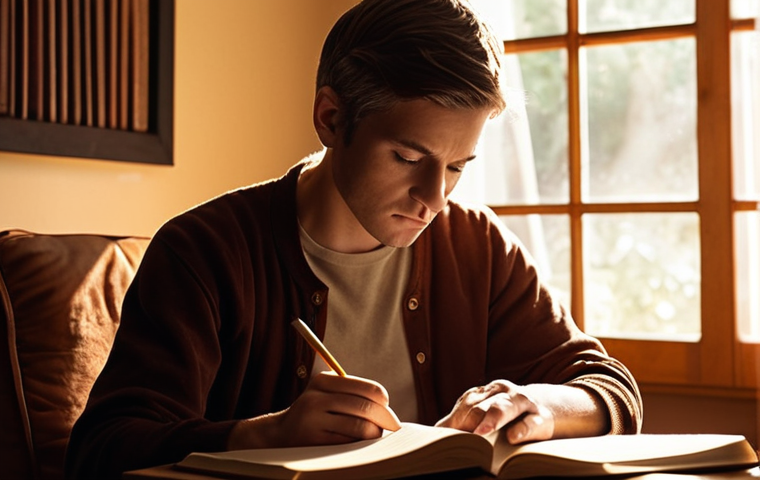 **A person sitting in a comfortable chair, thoughtfully writing in a journal, with a soft, warm light illuminating the scene. Books on self-improvement and mindfulness are subtly visible in the background. The overall atmosphere is calm and introspective.**